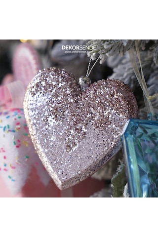 Yılbaşı Süsü Pullu Kalp Pembe 10 Cm