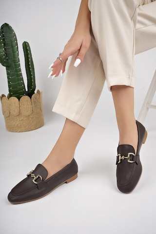 Muggo Liza Garantili Metal Tokalı Kadın Loafer Günlük Ayakkabı Kahverengi