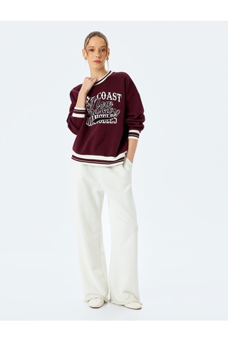 Koton Üç İplik Şardonlu Uzun Kollu Bisiklet Yaka Kolej Baskılı V Yaka Sweatshirt Bordo 5wal10836ık Bordo