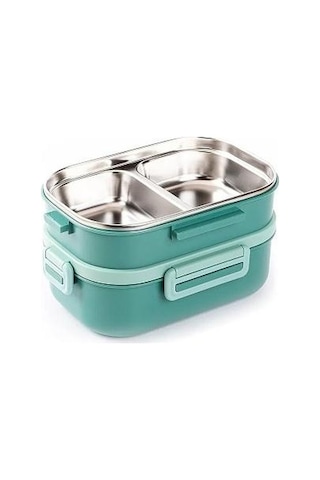 Tantitoni Yeşil Paslanmaz Dikdörtgen 2 Katlı Chopstıck Ve Kaşıklı Yemek Taşıma Kabı 1.65l