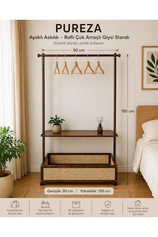 Pureza Ayaklı Askılık Raflı Çok Amaçlı Giysi Standı 90x150 Cm Koyu Kahverengi