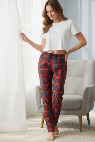 Elemge Kadın Kırmızı Pijama Altı Süet Kumaş Ekoseli Rahat Kalıp Kurdeleli Esnek Yumuşak Doku Cepsiz Kırmızı-lacivert