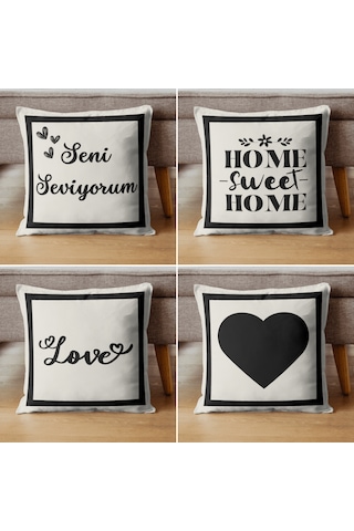 Love Kalp Desenli Dekoratif Kırlent Kılıfı Krem