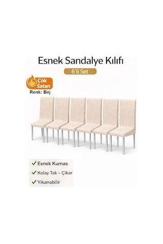 Altınkoza 6lı Set Jakarlı Lastikli Eteksiz Sandalye Kılıfı-bej