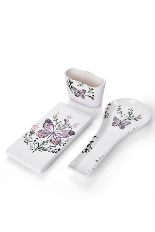 Piatti Naturali 3 Lü Mutfak Seti Kelebek Kaşık Altlığı Süngerlik Yağdanlık