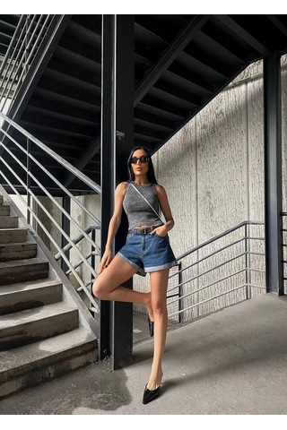 Esiilamoda Kadın Gri Yıkamalı Crop