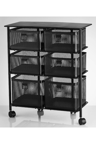 Metal Tekerlekli Paslanmaz Sebzelik 6 Bölmeli 3 Katlı Siyah Siyah