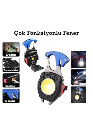 İdragon W5147 Çok Fonksiyonlu Şarjlı Cob Led Anahtarlık Fener - Çakmak, Düdük, Tornavida Ve Kemer Kesici Özellikli Kamp Lambası Çok Renkli