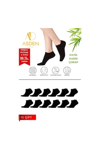 Asden Bambu Kadın Patik Çorap Beyaz 12'li, Dikişsiz, Soft Yıkamalı, Premium 12 Çift Siyah