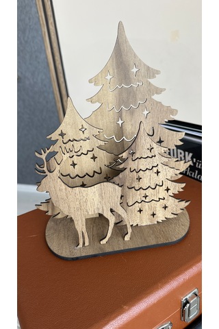 Ahşap Yılbaşı Ağacı Geyik Dekor Masaüstü Hediyelik- Işıksız Işıksız