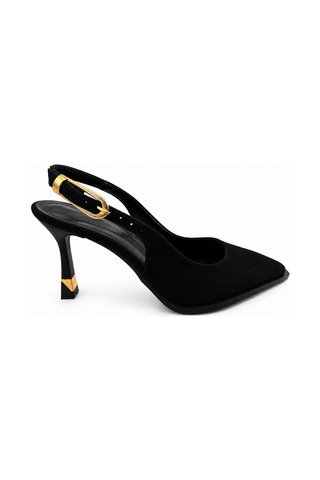 Papucumun Dünyası Siyah Slingback Sivri Burun Topukta Gold Metal Detaylı Ayarlanabilir Arka Tokalı Stiletto