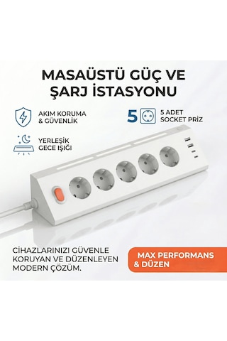 5'li Gece Lambalı Priz Akım Gerilim Korumalı Çoklu Priz 2xusb 2xtype-c Çıkışlı Uzatma Priz Çoğaltıcı 2 M