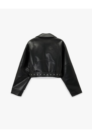Koton Fermuar Detaylı Uzun Kollu Crop Oversize Suni Deri Biker Ceket Siyah 6sak20016ew