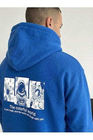 Mbb E-ticaret Erkek Baskılı Kapüşonlu Cepli Hoodie 3 İplik Pamuklu Sweatshirt - Saks Mavisi Mavi