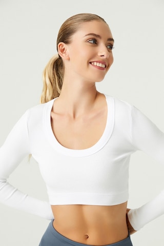 Los Ojos X Melodi Beyaz Pamuklu Fitilli Uzun Kollu Crop Spor Bluz Long Sleeve Beyaz