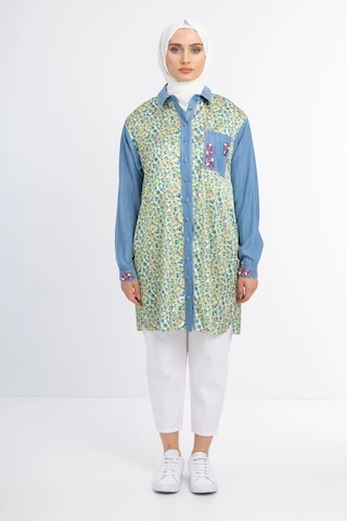 Pureva Taş İşlemeli Tencel Ve Desen Kumaşlı Tunik - Desen - 3 Çok Renkli