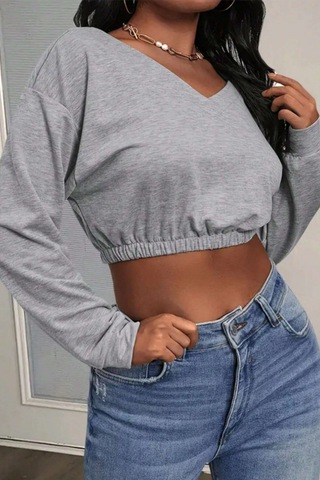 Tarz Cool Kadın Omuz Dekolteli Lastikli Crop Sweatshirt %100 Pamuk Gri