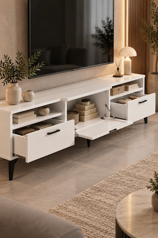 Sulorahome Metalik Beyaz Tv Sehpası 160x40 Cm