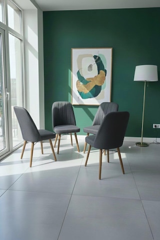 Nora 4 Adet Sandalye - Keten Kumaşlı Sandalye Modern Ahşap Ayaklı Yemek & Çalışma Sandalyesi Minimal Tasarım Antrasit