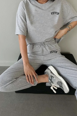 Fetch Baskılı T-shirt Eşofman Altı Jogger- Gri Baskı Alt Üst Eşofman Takımı Oversize Bisiklet Yaka Gri