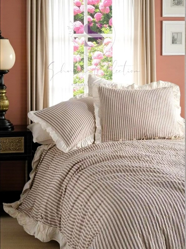 Kahve-bej % 100 Pamuk Fırfır İplik Boyalı Çift Kişilik Nevresim Takımı,modern Çizgili Yorgan Ve Çarşaf Seti Çok Renkli