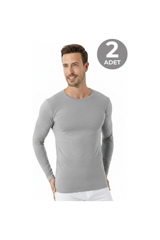 Gri Erkek Regular Fit Bisiklet Yaka Uzun Kollu Tişört 2'li Paket %100 Pamuk Gri 2