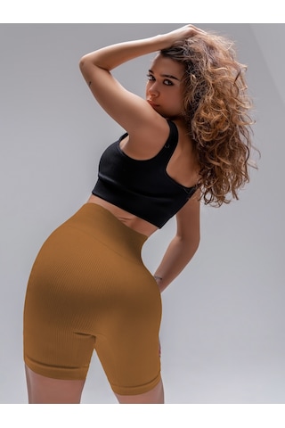 Mistirik Dublin Model Yüksek Bel Fitilli Seamless Biker Şort Caramel Renk027 Caremel