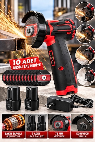 Dfl70 12v Mini Şarjlı Taşlama 2 Adet 2.0ah Li-ıon Akü 76 Mm Kesici Disk 10 Adet Taş Hediyeli