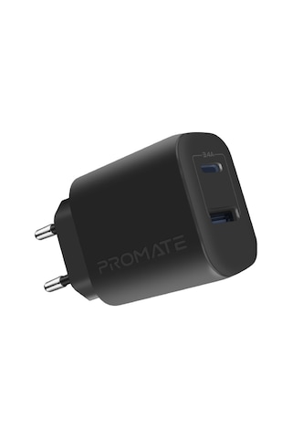 Promate BiPlug-2 17W Yüksek Hızlı Şarj Cihazı, 5V/3A Type-C, 5V/2,4A USB Duvar Şarj Adaptörü, Aşırı Şarj Koruma