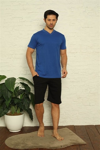 Akbeniz Erkek Sax V Yaka 3'Lü Pijama Takım 6822-Saks Saks Mavisi