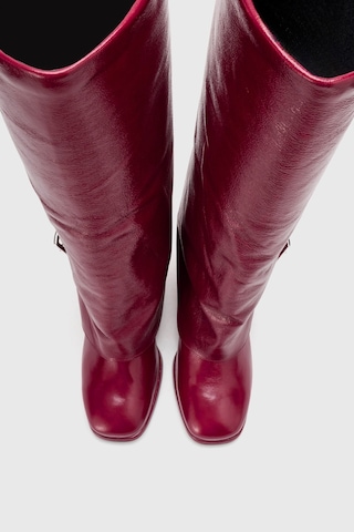 Luvishoes Lojo Bordo Kırışık Rugan Hakiki Deri Tokalı Kadın Kalın Topuklu Çizme Bordo