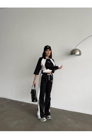 Oversize Yazı Detaylı Unisex Eşofman Takımı Yüksek Bel, Dijital Baskı, Rahat Kesim Siyah