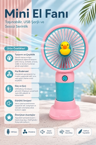 Estone Es-9100 Figürlü Şarjlı Mini El Ve Masaüstü Fanı Telefon Standlı / 3 Kademeli Pembe