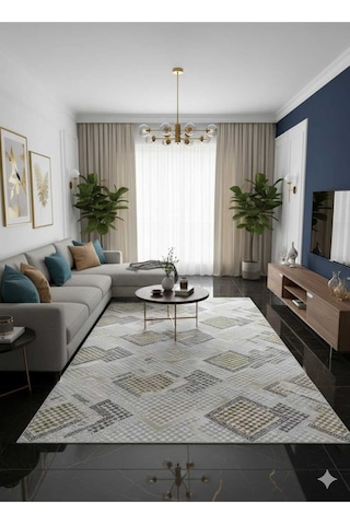 Nesrin Kaymaz Jel Taban Modern Kesme Yolluk Salon Halisi Renkli Karelii Krem