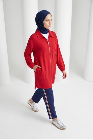 Armine Trend Fermuarlı Tunik Ve Şerit Detaylı Pantolon İkili Takım Spor Şık Günlük Tesettür Giyim Kırmızı 26kt646