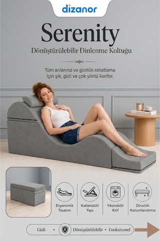 Serenity Çok Amaçlı Dinlenme Koltuğu Katlanabilir Bench Formlu Şezlong Yetişkin Çiftler İçin Ergonomik Destek Minderi Gri