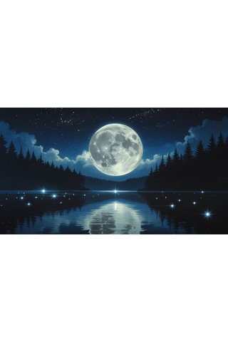 Doğa Ve Manzara Yatay Sakin Bir Gölün Üzerinde Parlayan Dolunay Suda Yansıyan Yıldızlar 01 Çerçevesiz 90x60cm Pvc Tablo