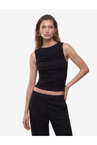 Koton Skinny Fit Bisiklet Yaka Drapeli Kolsuz Tül Bluz Siyah 6sak10413ek