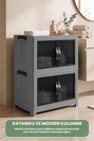 Evonıta 2 Katlı Portatif Dolap 80 Lt Geniş Hacimli Çok Amaçlı Organizer 49x30x59 Cm Gri