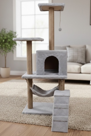 Missidea B07 Hamaklı Yuvalı Lüx Kedi Tırmalama Oyun Evi Gri