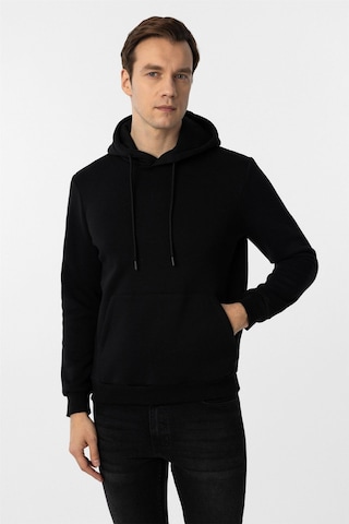 Süvari Siyah Regular Düz Kapüşonlu Yaka Sweatshirt