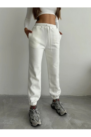 3 İplik Şardonlu Paça Lastikli Eşofman Beyaz İs001 Beyaz