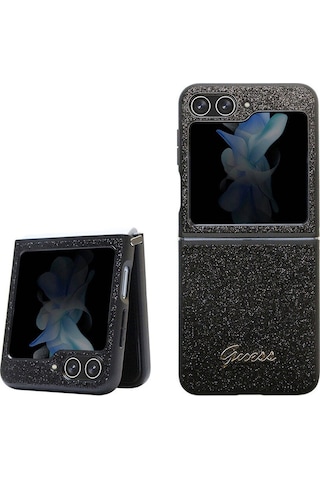 Galaxy Z Flip 5 Uyumlu Kılıf Guess Lisanslı Yazı Logolu Glitter Script Kapak Siyah