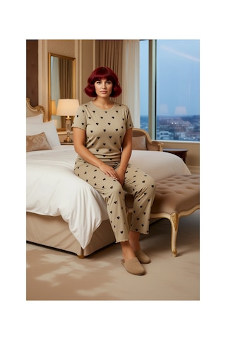 Ersefa Kadın Kalp Baskılı V Yaka Örme Pijama Takımı Fonksiyonel Dayanıkl Mint