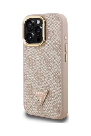 Apple Uyumlu iPhone 16 Pro Max Kılıf Guess Lisanslı Üçgen Logo 4g Desenli Kamera Standlı Kapak Pembe