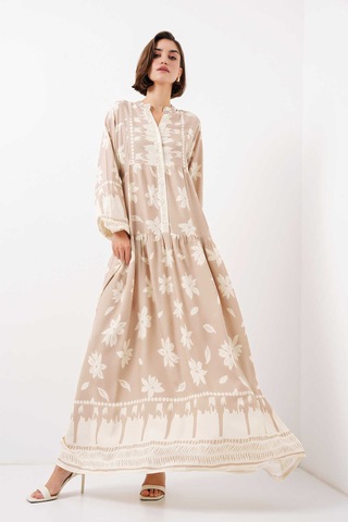 Gabria Ön Düğmeli Desenli Viskon Elbise Taş