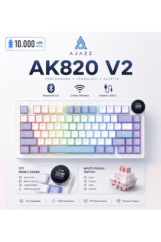 Ak820 V2 Ekranlı, Kablosuz Mekanik Oyun Klavyesi-10.000 Mah Batarya