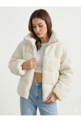 Ribana Classic Kadın Ekru Yüksek Yaka Trend Astarlı Kuzu Şişme Peluş Kumaş Kısa Mont 2283 Ekru
