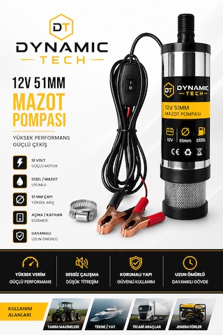 12 Volt Mazot Ve Su Zeytin Yağı Vs Sıvı Aktarma Pompası Dalgıç Pompa 60 Watt 51 Mm