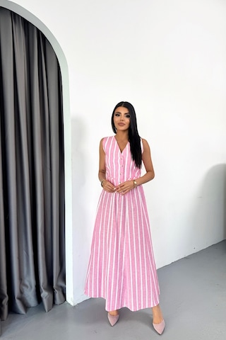 The İstanbul Keten Çizgili Yelek - Uzun Etek Takım - Pembe Pembe